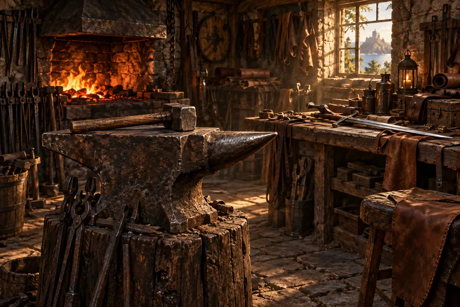 Amboss und Werkzeuge in einer warm beleuchteten Schmiedewerkstatt